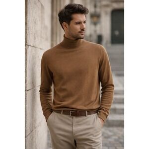 Express Mens Sweater XL Brown Camel  Merino Wool Turtleneck Pullover Preppy